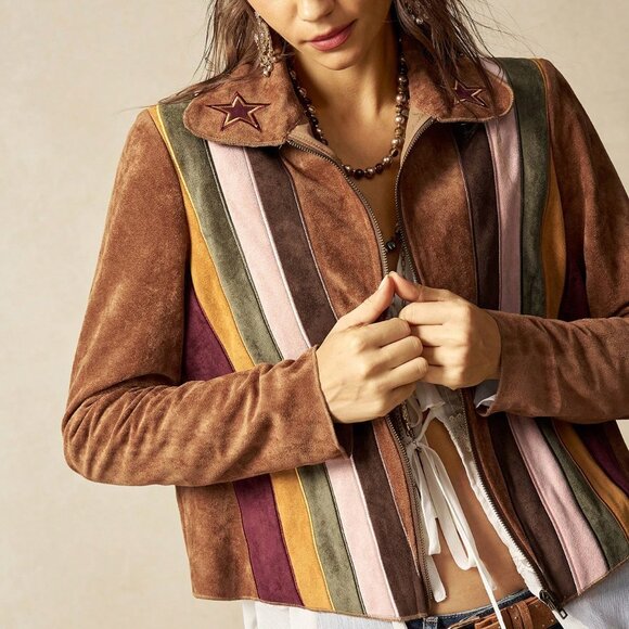 Boho Brown Women's Butterfly Embroidery Patchwork Nomadic Jacket - Picture 1 of 6